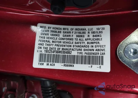 2021 Honda Insight Ex z USA, uszkodzony, nr VIN 19XZE4F56ME004862